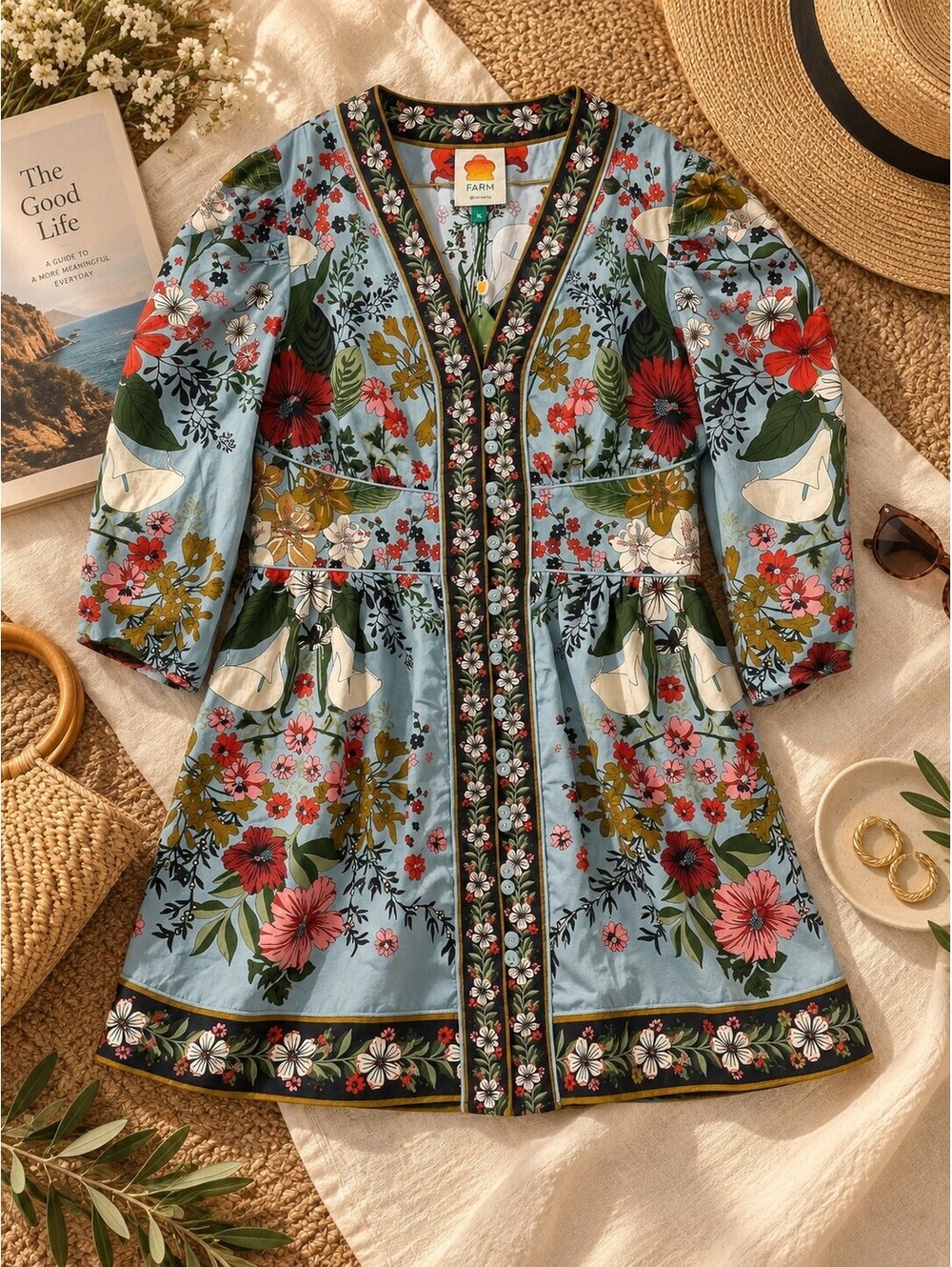 NWT FARM Rio Beauty Bouquet Floral Botanical Puff Sleeve Mini Dress Size XL